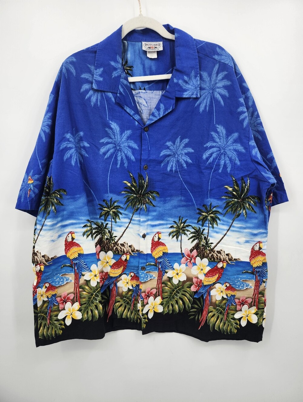 Mens 3XL Vintage Pacific Legend Hawaiian Shirt Macaw Parrot Landscape Scene USA